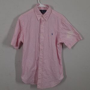 Ralph Lauren Mens M Classic Fit Pink White Check Short Sleeve Button Up Shirt